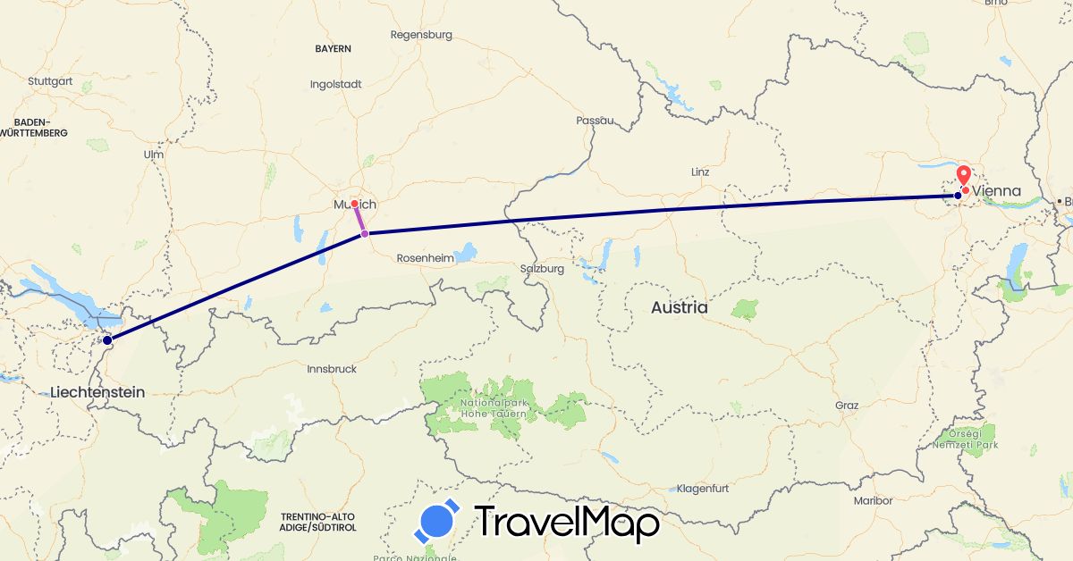 TravelMap itinerary: driving, train, hiking in Austria, Switzerland, Germany (Europe)